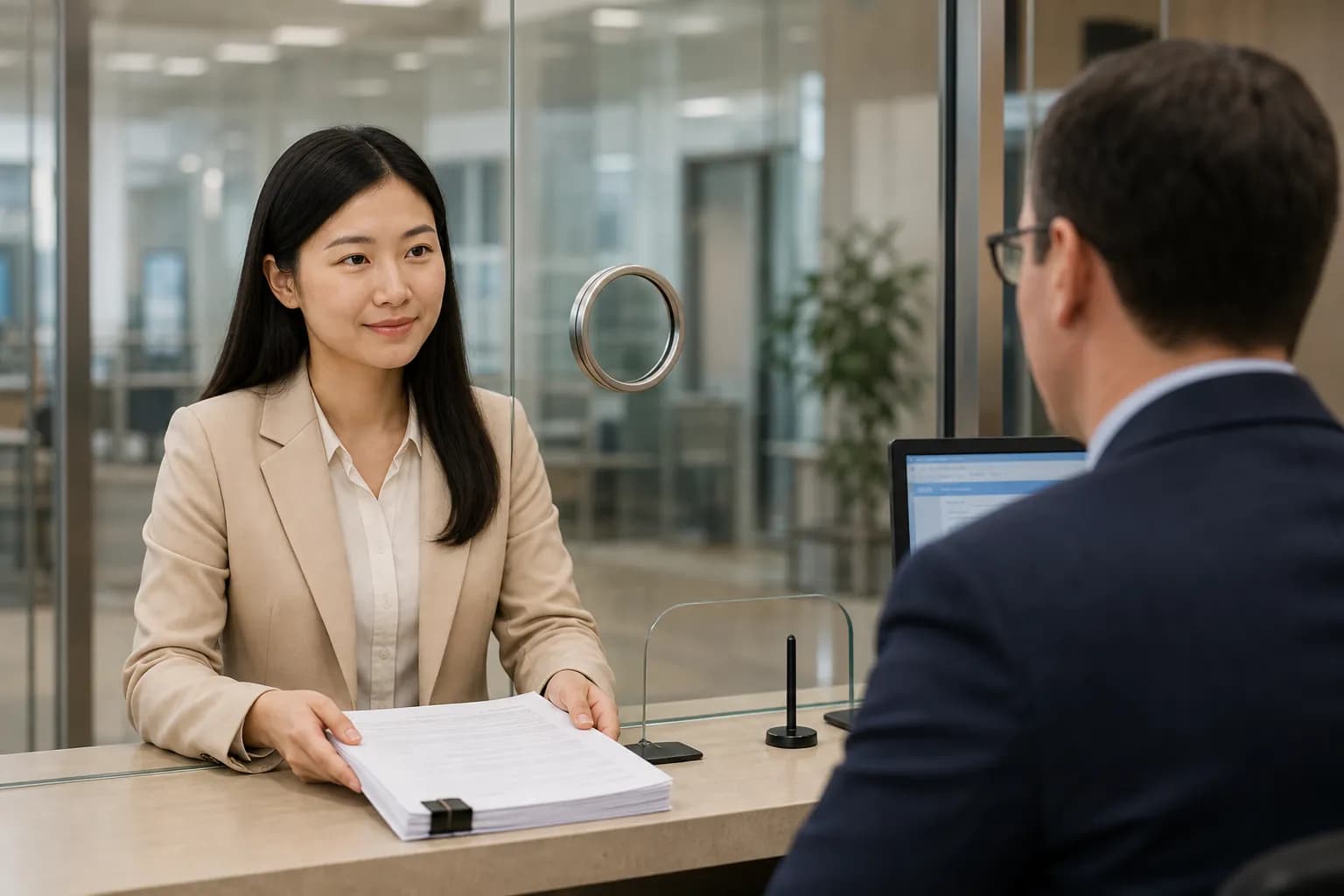 Bạn đang xem xét tài liệu cùng viên chức lãnh sự Hoa Kỳ trong buổi phỏng vấn thị thực định cư.