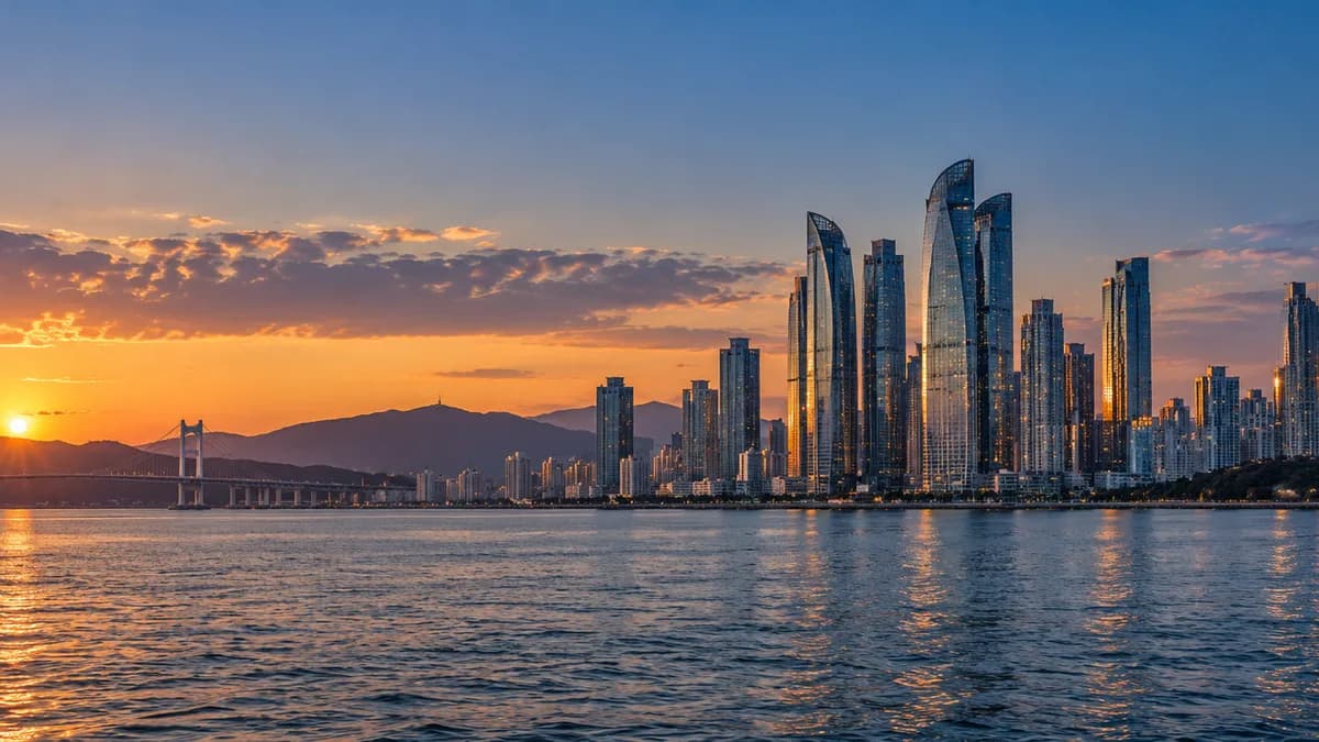 Đường chân trời Seoul bên kia sông Hàn vào giờ xanh